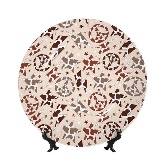 Picia Cow Spots And Peace Pattern Bone China Decorative Plate – Wall Decor with Stand and Adhesive, Elegant Ornament for Living Room, Office, or Entryway-6in