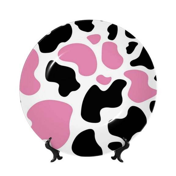 Picia Cow Spots Pattern Bone China Decorative Plate – Wall Decor with Stand and Adhesive, Elegant Ornament for Living Room, Office, or Entryway-8in