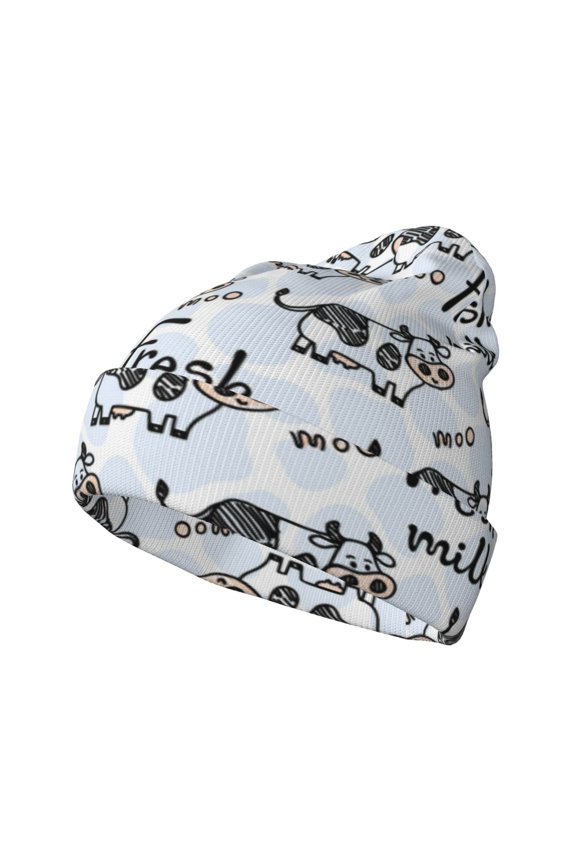 Cow With Fresh Milk Pattern Knitted Beanie Hat for Men and Women , Unisex Winter Warm Stretchy Knit Cap Thick Fisherman Beanies Cuffed Plain Skull Caps