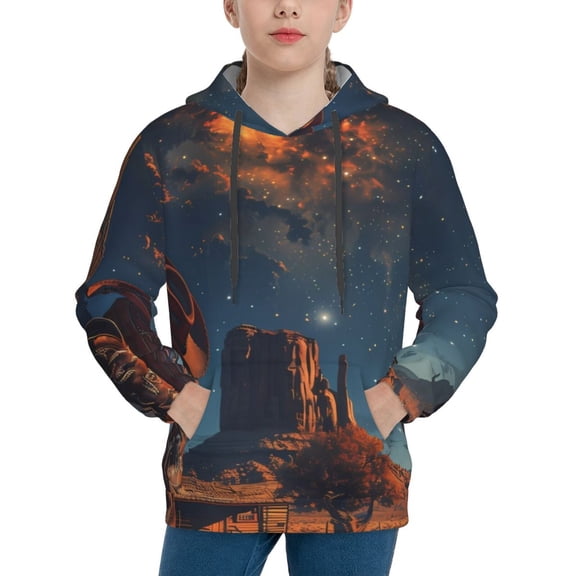 Picia Cowboy Boots Under Starry Sky Pattern Youth Hoodie - Warm Pullover Sweatshirt with Kangaroo Pocket, Ideal for Boys and Girls-Small