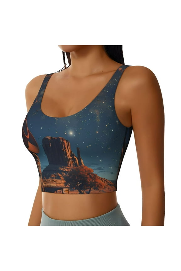 Cowboy Boots Under Starry Sky Sports Bra for Women,Padded Strappy Sports Bras Medium Support Yoga Bra with Removable Cups,Running Yoga Bra-Large