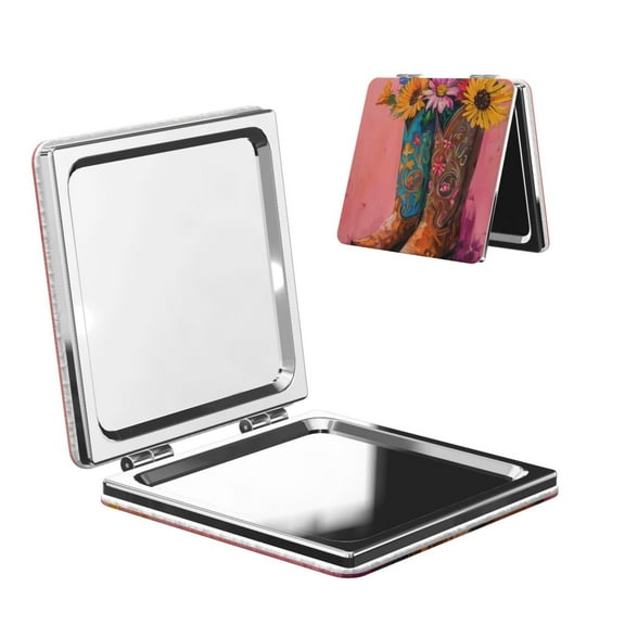Picia Cowboy Boots With Flowers for Compact Vanity Mirror , Travel Makeup Mirror , Portable Magnifying Cosmetic Mirror for Daily, Work, Business-Square
