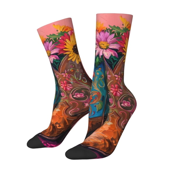 Picia Cowboy Boots With Flowers Print Athletic Socks for Men & Women – Cushioned Moisture-Wicking Crew Socks for Sports, Running, and Training, Soft & Breathable Size 5-11