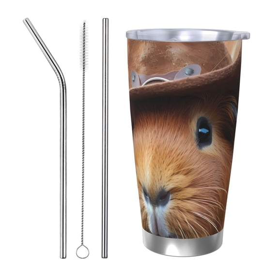 Picia Cowboy Hat Guinea Pig Pattern 20 oz Tumbler Stainless Steel Vacuum Insulated Coffee Ice Cup Double Wall Travel Flask Dual Lid Water Bottle, Eco-friendly Car Cup-Straw Three-piece Set