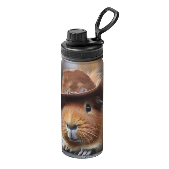 Picia Cowboy Hat Guinea Pig Pattern Water Bottle 18 oz Stainless Steel Insulated Bottles With Handle Leak Proof Gym Sport Water Jug BPA-free insulated kettle For Men Women Adults