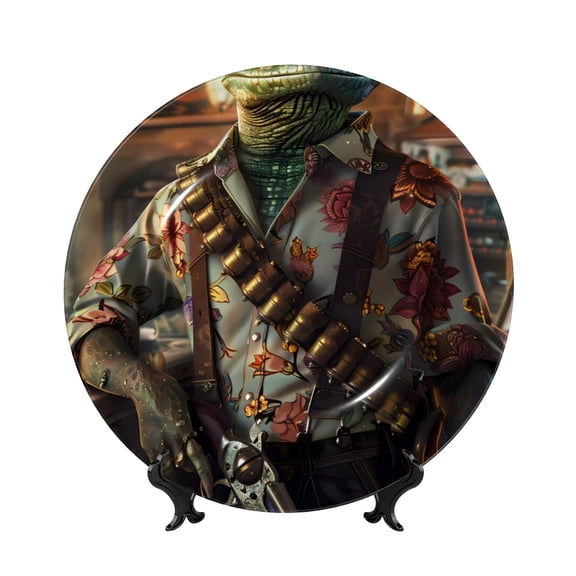 Picia Cowboy Iguana Floral Shirt Pattern Bone China Decorative Plate – Wall Decor with Stand and Adhesive, Elegant Ornament for Living Room, Office, or Entryway-6in