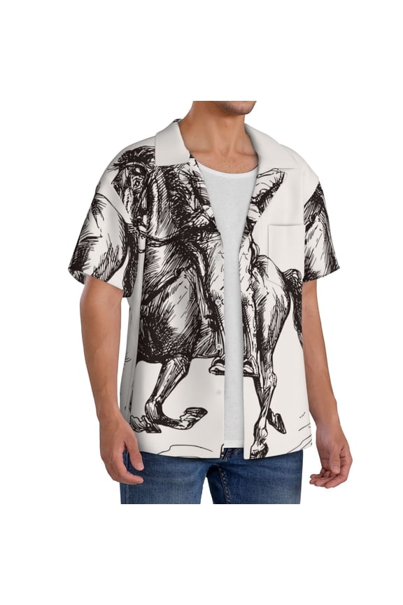 Cowboy Ride A Horse Men's Linen Shirts Short Sleeve Cuban Beach Shirts Casual Shirts Button Down Shirt for Men Beach Summer Wedding Shirt-XX-Large