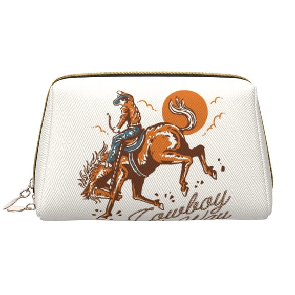 Picia Cowboy Riding Horse Print Leather Makeup Bag Make Up Bag Travel Toiletry Bag for Her Girlfriend Teacher Teen Girl Gifts