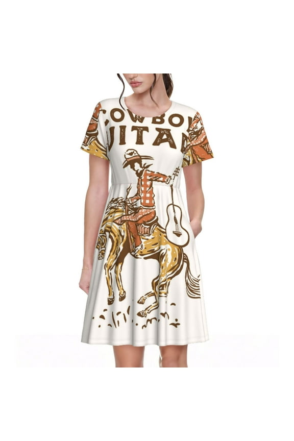 Cowboy Rodeo Guitar Pattern Women's Short Sleeve Summer Dress Pleated Loose Swing Knee Length Short Sleeve Swing Dresses