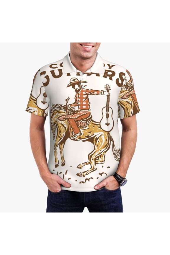 Cowboy Rodeo Guitar Print Men's Polo Shirt, Two-Button Closure Pique Polo Shirt, Summer Fashion Golf Shirt-Small