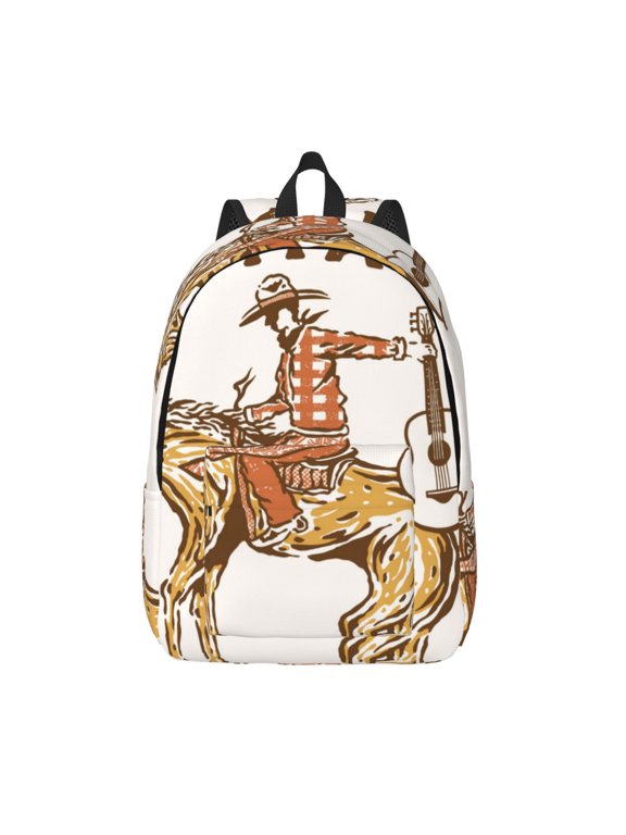 Cowboy Rodeo Guitar Printed Canvas Daypack - Stylish and Durable Vintage Compact Backpack - Class, Work, Travel, or Laptop Bookbag,Organized Compartments-Medium