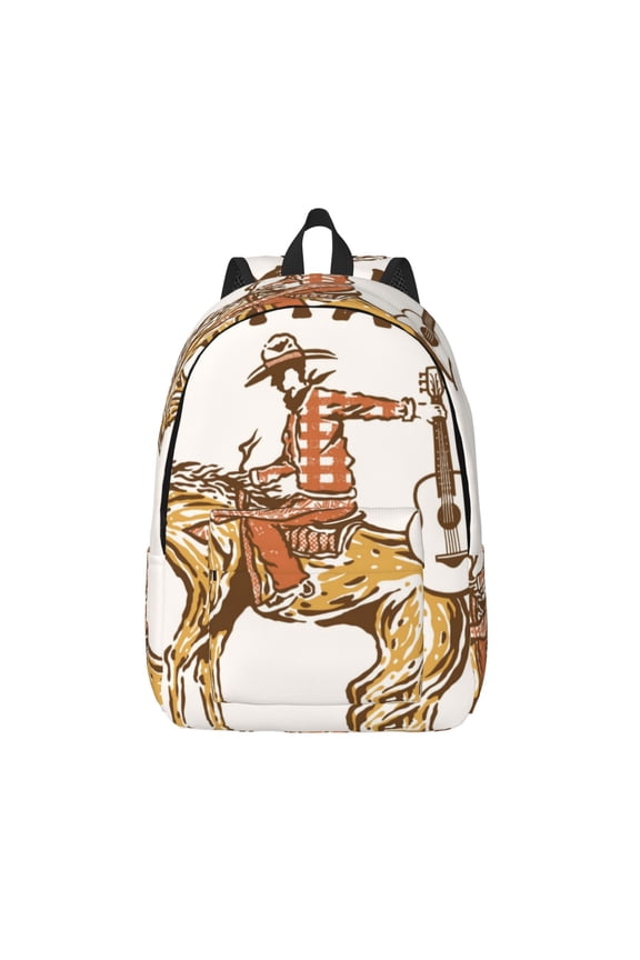 Cowboy Rodeo Guitar Printed Canvas Daypack - Stylish and Durable Vintage Compact Backpack - Class, Work, Travel, or Laptop Bookbag,Organized Compartments-Medium