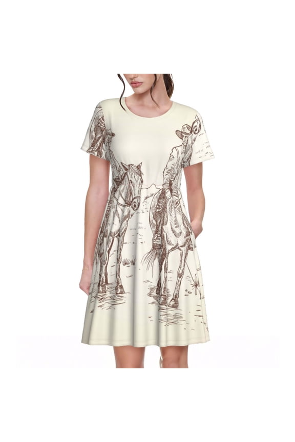 Cowboys Riding Horses In Desert Pattern Women's Short Sleeve Summer Dress Pleated Loose Swing Knee Length Short Sleeve Swing Dresses