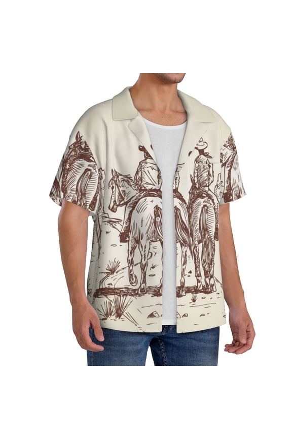 Cowboys Riding Horses Men's Linen Shirts Short Sleeve Cuban Beach Shirts Casual Shirts Button Down Shirt for Men Beach Summer Wedding Shirt-Large