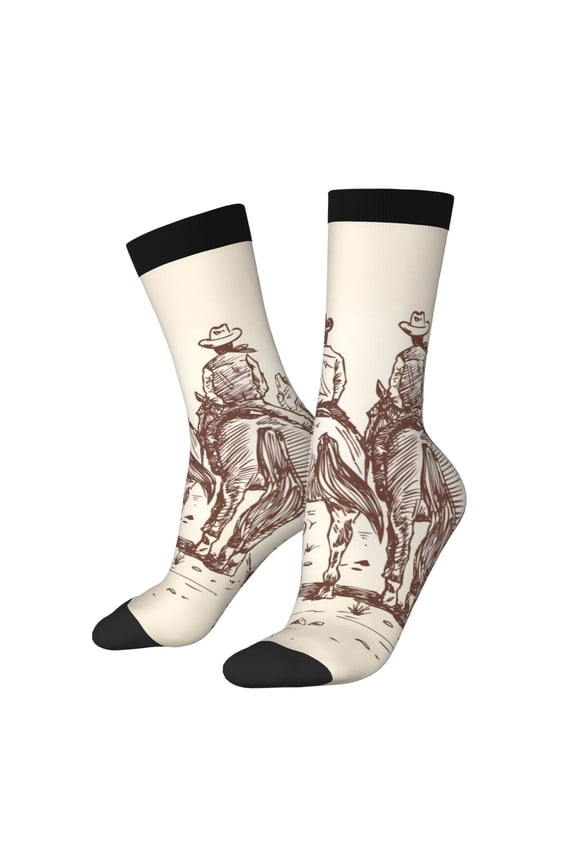 Cowboys Riding Horses Print Athletic Socks for Men & Women – Cushioned Moisture-Wicking Crew Socks for Sports, Running, and Training, Soft & Breathable Size 5-11