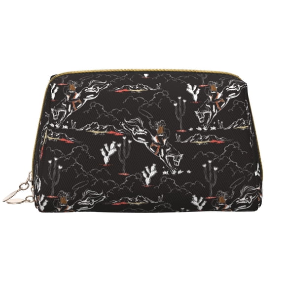 Picia Cowgirl In Desert Print Leather Makeup Bag Make Up Bag Travel Toiletry Bag for Her Girlfriend Teacher Teen Girl Gifts