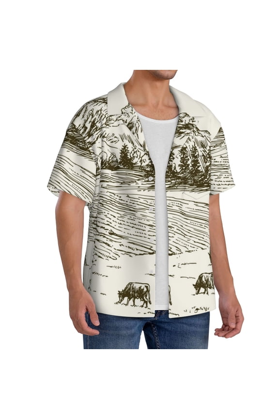 Cows Grazing On Meadow Men's Linen Shirts Short Sleeve Cuban Beach Shirts Casual Shirts Button Down Shirt for Men Beach Summer Wedding Shirt-3X-Large