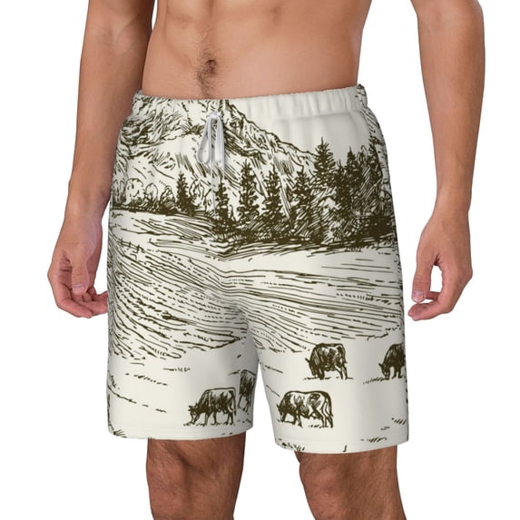 Picia Cows Grazing On Meadow pattern Mens Swim Trunks with Compression Liner Stretch Beach Shorts Quick Dry with Zipper Pockets No-Chafing Board Shorts-Large
