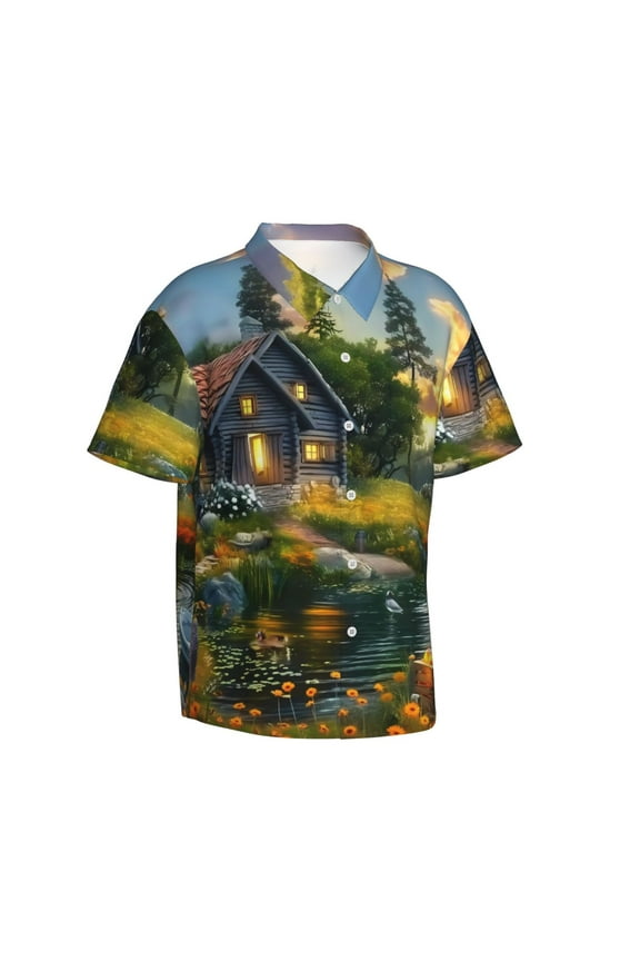 Cozy Cottage Lakeside Sunset Gentle Cotton Regular Fit Short Sleeve Casual Hawaiian Shirt for Men-3X-Large