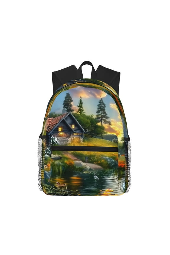 Cozy Cottage Lakeside Sunset Large Capacity Backpack Classic Style Backpack Casual Backpack Water-Resistant School Work Travel Outdoor Backpack