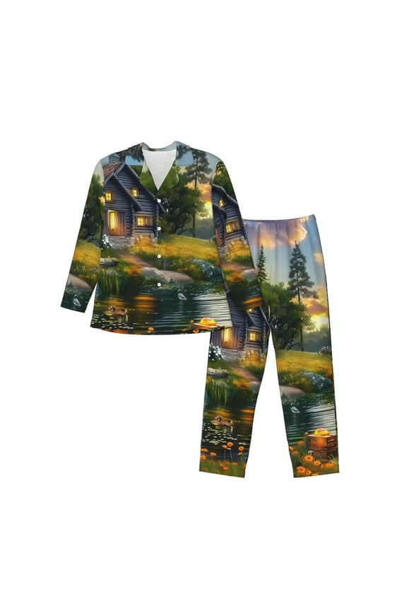 Cozy Cottage Lakeside Sunset Pattern Men’s Long-Sleeve Sleepwear Set - Soft 2-Piece Loungewear with Pockets, Comfy PJs for Relaxing Nights-Medium