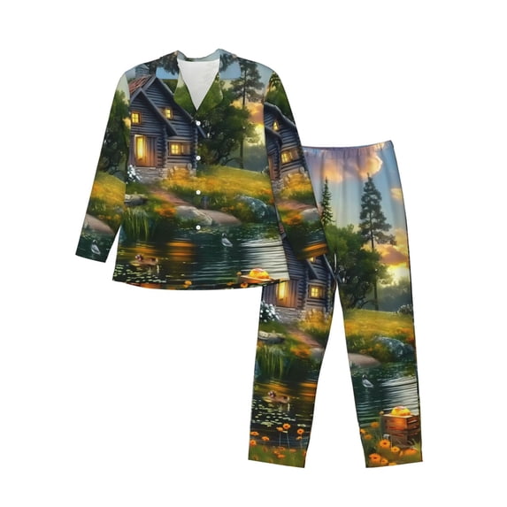 Picia Cozy Cottage Lakeside Sunset Pattern Men’s Long-Sleeve Sleepwear Set - Soft 2-Piece Loungewear with Pockets, Comfy PJs for Relaxing Nights-Small