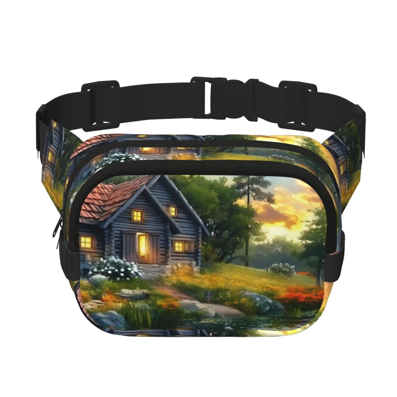 Picia Cozy Cottage Lakeside Sunset Print Square Double-Layer Waist Bag Mini Adjustable Waist Belt Bag Exercise Running Travel Hiking