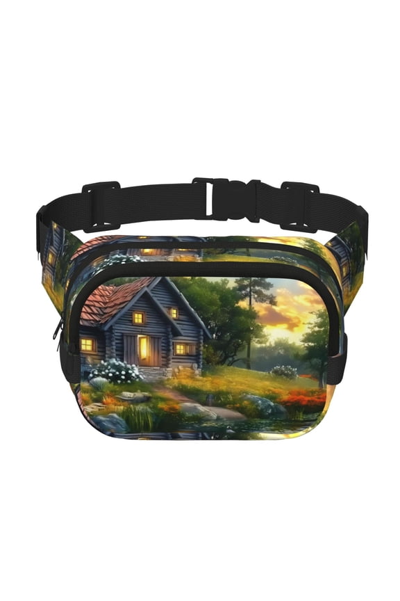 Cozy Cottage Lakeside Sunset Print Square Double-Layer Waist Bag Mini Adjustable Waist Belt Bag Exercise Running Travel Hiking