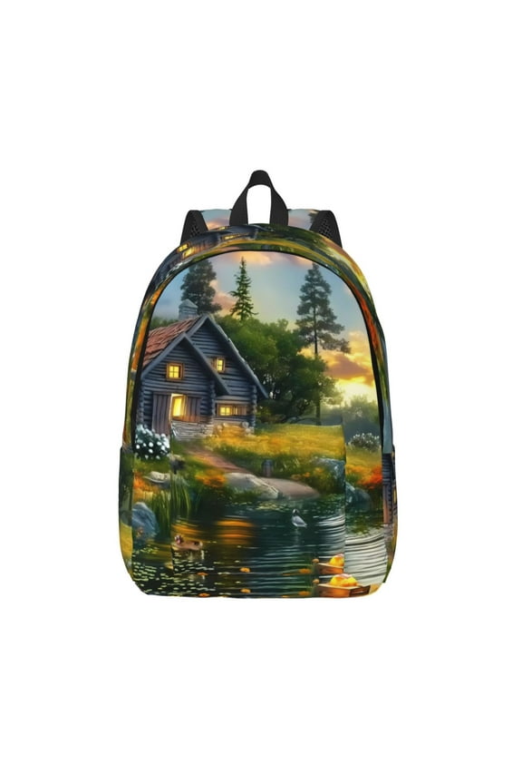 Cozy Cottage Lakeside Sunset Printed Canvas Daypack - Stylish and Durable Vintage Compact Backpack - Class, Work, Travel, or Laptop Bookbag,Organized Compartments-Small