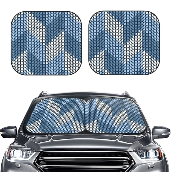 Picia Cozy Knitted Blue Chevron 2 Piece Car Windshield Sun Shade Foldable | Foldable Sun Shield for Front Window Blocks UV Rays and Keeps Your Vehicle Cool-Large