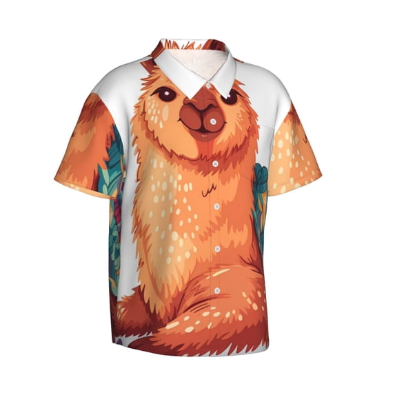 Picia Cozy Knitting Llama Gentle Cotton Regular Fit Short Sleeve Casual Hawaiian Shirt for Men-Large