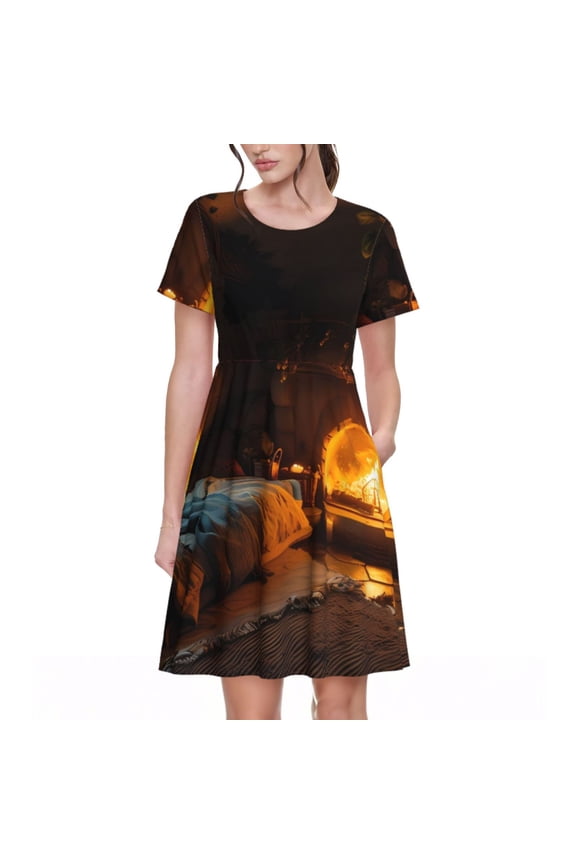 Cozy Tree Hole Cabin Pattern Women's Short Sleeve Summer Dress Pleated Loose Swing Knee Length Short Sleeve Swing Dresses