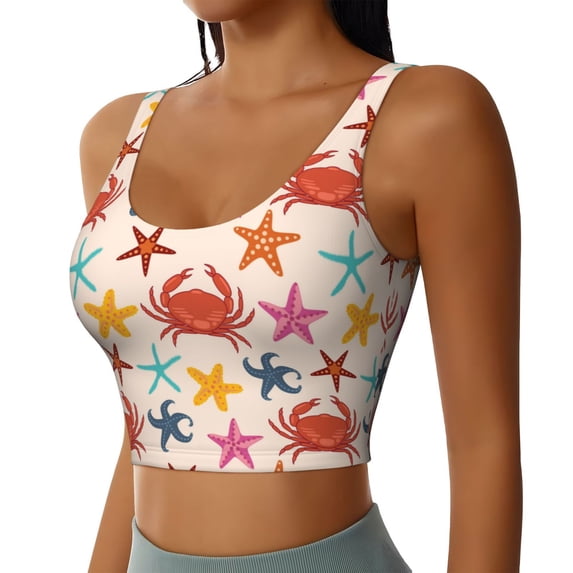 Picia Crabs And Seastars Sports Bra for Women,Padded Strappy Sports Bras Medium Support Yoga Bra with Removable Cups,Running Yoga Bra-XX-Large