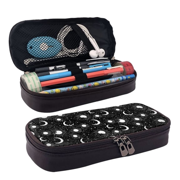 Picia Crescent and Stars Pattern Large Capacity PU Leather Pencil Case Organizer Pen Marker Holder Double Zipper Storage Bag Big Pencil Pouch for College Office