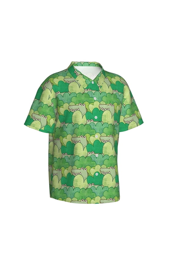 Crocodile And Bush Gentle Cotton Regular Fit Short Sleeve Casual Hawaiian Shirt for Men-Large