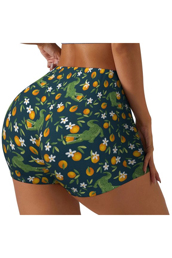Crocodile And Oranges Printed Workout Shorts for Women Seamless Scrunch Butt Lifting High Waisted Yoga Gym Booty Running Moisture-wicking Short Pants-Large