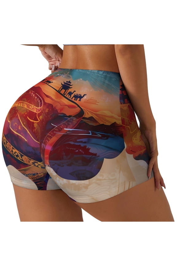 Cultural Silhouette Journey Printed Workout Shorts for Women Seamless Scrunch Butt Lifting High Waisted Yoga Gym Booty Running Moisture-wicking Short Pants-X-Large