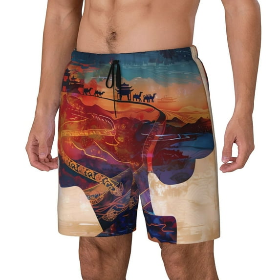 Picia Cultural Silhouette Journey pattern Mens Swim Trunks with Compression Liner Stretch Beach Shorts Quick Dry with Zipper Pockets No-Chafing Board Shorts-XX-Large