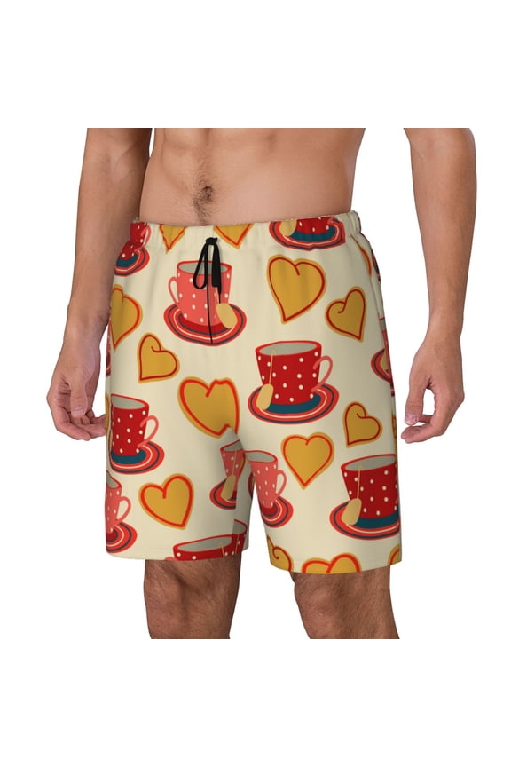 Cups of Tea pattern Mens Swim Trunks with Compression Liner Stretch Beach Shorts Quick Dry with Zipper Pockets No-Chafing Board Shorts-Small