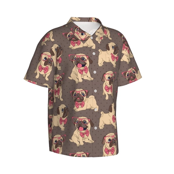 Picia Cut Pug Gentle Cotton Regular Fit Short Sleeve Casual Hawaiian Shirt for Men-X-Large