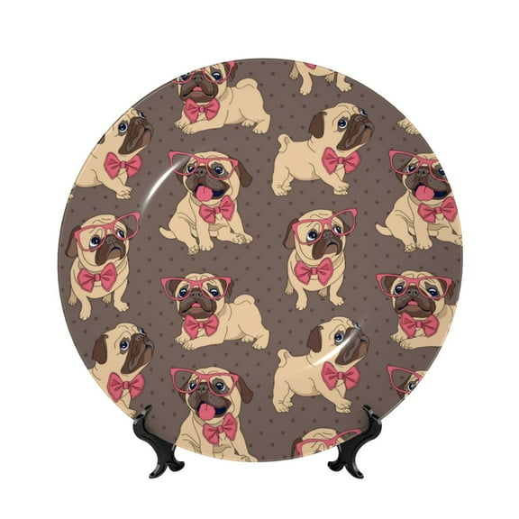 Picia Cut Pug Pattern Bone China Decorative Plate – Wall Decor with Stand and Adhesive, Elegant Ornament for Living Room, Office, or Entryway-10in