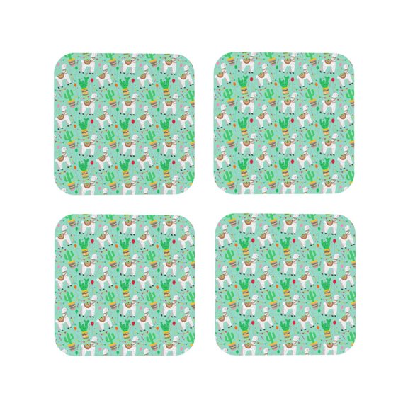Picia Cute Alpaca 1 Printed Leather Coasters for Drinks, 4" Drink Coasters Set of 4 for Tabletop Protection, Handmade Luxurious Home Décor and Housewarming Gift -Square