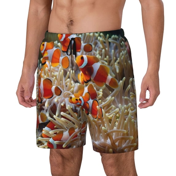 Picia Cute Anemone Fish pattern Mens Swim Trunks with Compression Liner Stretch Beach Shorts Quick Dry with Zipper Pockets No-Chafing Board Shorts-Large