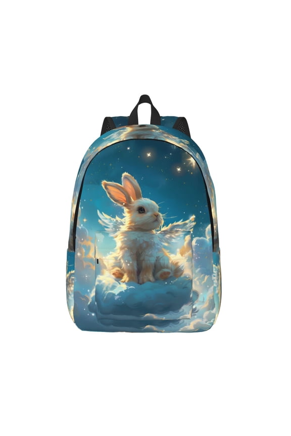 Cute Angel Winged Rabbit Printed Canvas Daypack - Stylish and Durable Vintage Compact Backpack - Class, Work, Travel, or Laptop Bookbag,Organized Compartments-Medium