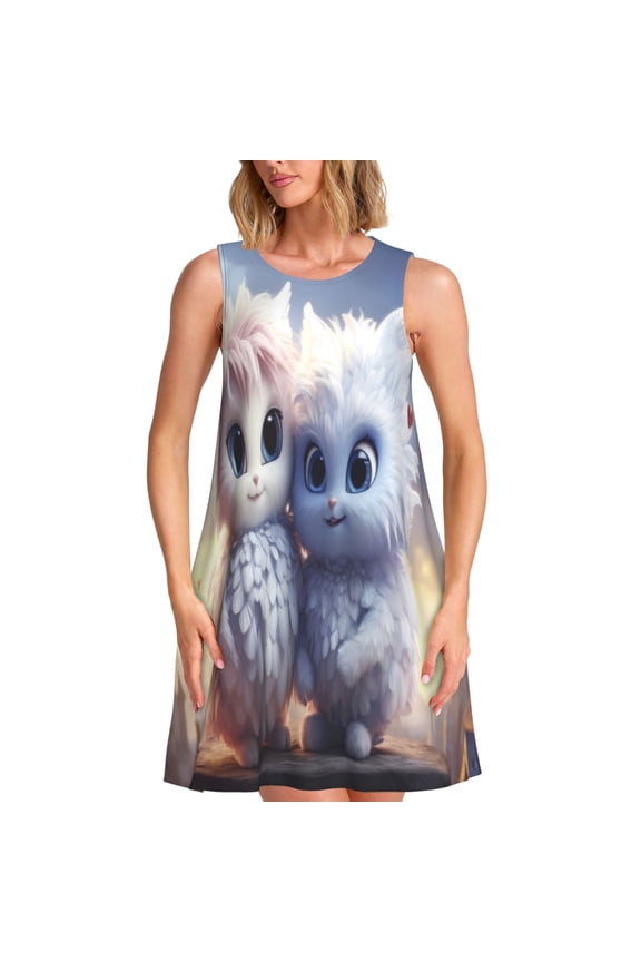 Cute Animal Couple Print Women’s Sleeveless Midi Swing Dress – A-Line Pleated Tank Sundress, Comfortable and Flowy T-Shirt Dress