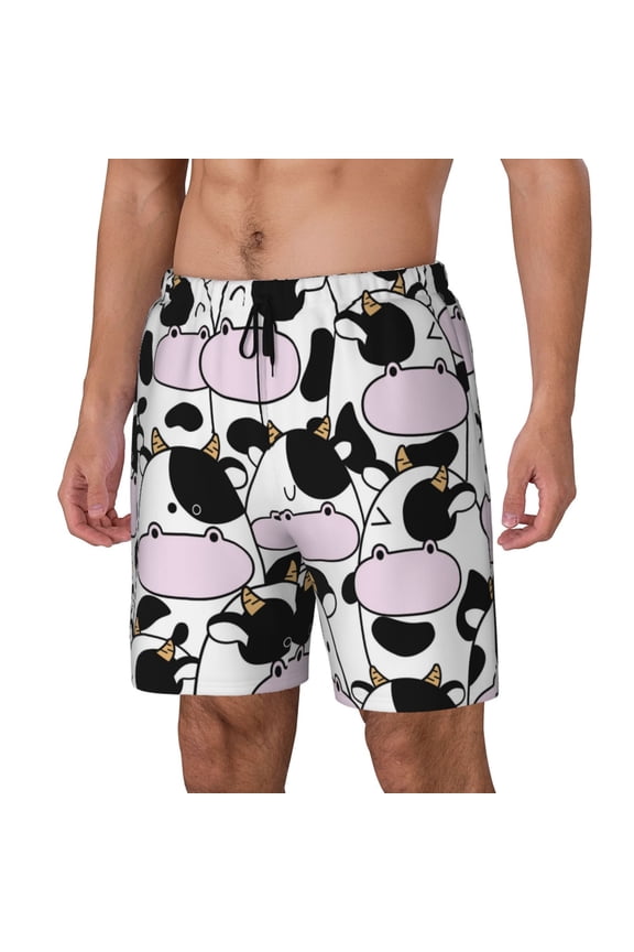 Cute Animal with Cow pattern Mens Swim Trunks with Compression Liner Stretch Beach Shorts Quick Dry with Zipper Pockets No-Chafing Board Shorts-Small