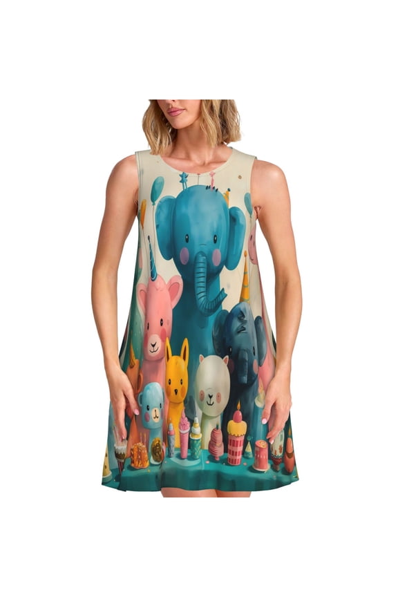 Cute Animal Party Print Women’s Sleeveless Midi Swing Dress – A-Line Pleated Tank Sundress, Comfortable and Flowy T-Shirt Dress