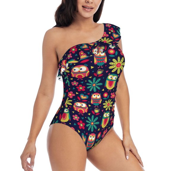Picia Cute Animal Pattern Women's One Piece Swimsuits,One Shoulder Swimwear Asymmetric ,Ruffle Monokinis Bathing Suits,High Waisted Flattering Bathing Suits-X-Large