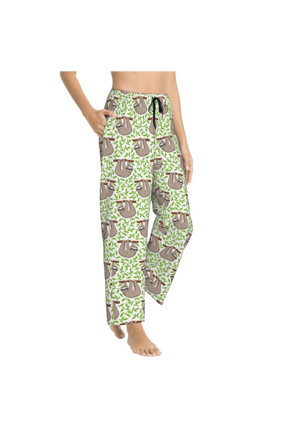 Cute Animal Sloth On A Branch Womens Soft Woven Cotton Elastic Waistband Sleep Pajama Pant Lounge Sleep Pant With Pockets And Drawstring-Small