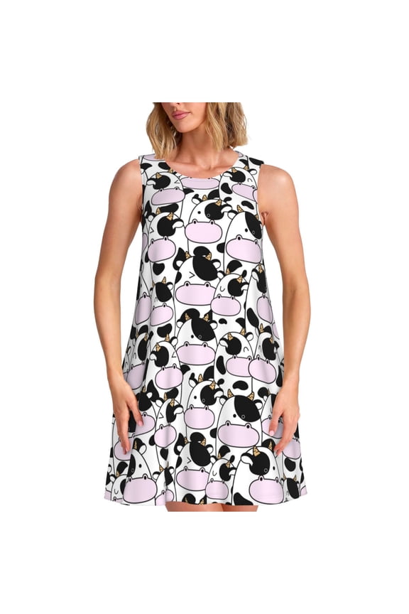 Cute Animal with Cow Print Women’s Sleeveless Midi Swing Dress – A-Line Pleated Tank Sundress, Comfortable and Flowy T-Shirt Dress